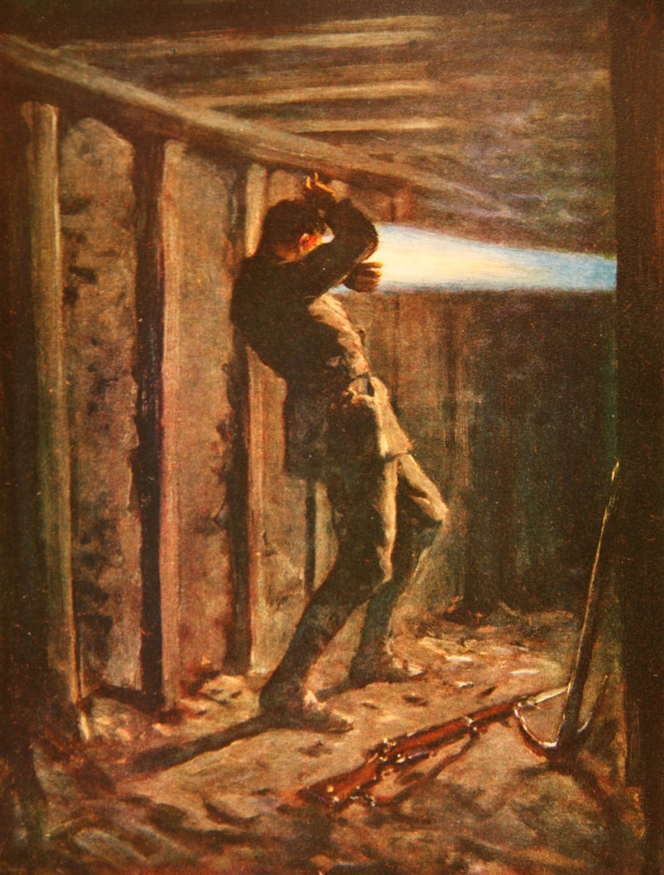 Bir mayın galerisinin düşman tarafından fışkıran ve ciddi şekilde yanan Er Bytheway (renkli lito) mavi alev dili by Allan Stewart
