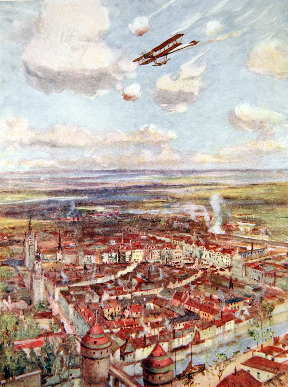 Teğmen Rhodes-Moorhouse, demiryolunu bombalamak için Courtrai üzerinde uçuyor (renkli taş) by Allan Stewart