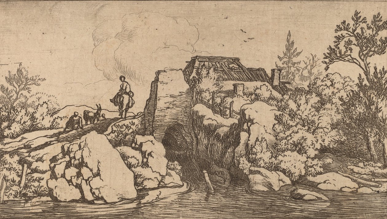 Bir Taş Köprüde Süvari, muhtemelen c. 16451656. by Allart van Everdingen