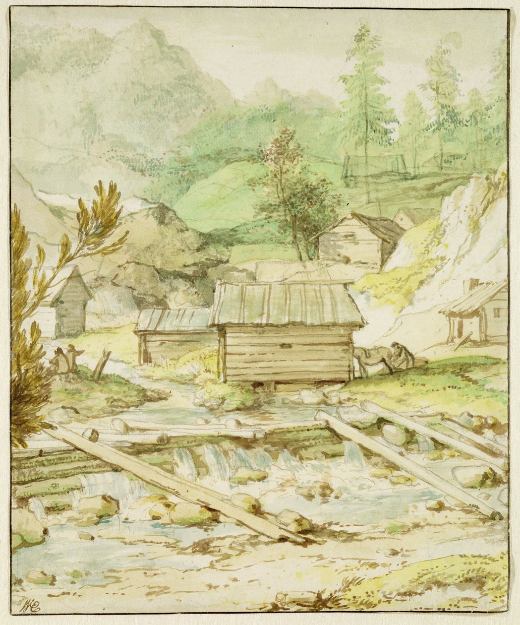 Ahşap Kulübe ve Savak ile İskandinav Manzarası (kağıt üzerinde kalem, fırça ve wc) by Allart van Everdingen