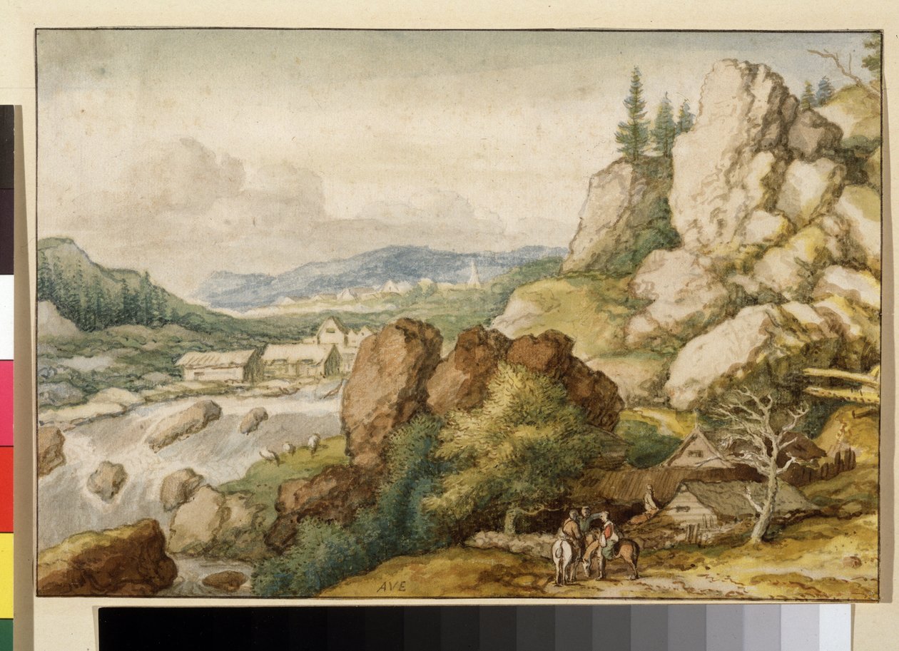 "" Üç atlı ile manzara "" (Üç atlı ile manzara) Allaert Pietersz van Everdingen (1621-1675) tarafından suluboya Musee Pouchkine, Moskova by Allart van Everdingen