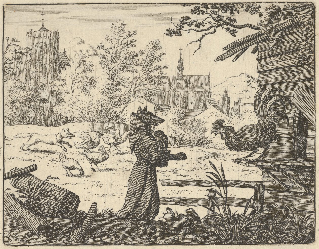 Keşiş Kılığındaki Renard, Horozun Güvenini Kazanıyor, 1650-75. by Allart van Everdingen