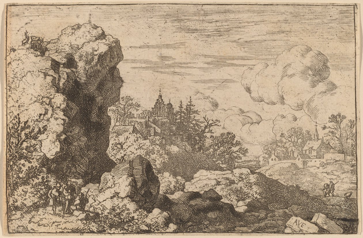 Yüksek Bir Kayanın Eteğinde Üç Gezgin, muhtemelen c. 16451656. by Allart van Everdingen