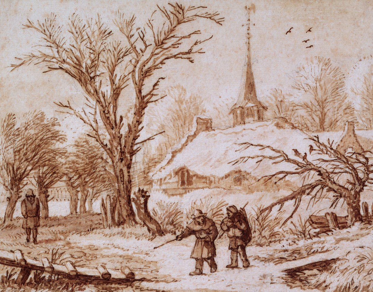 Kışın Bir Köyün Yakınındaki Yoldaki Gezginler (tebeşir, kalem, mürekkep ve yıkama) by Allart van Everdingen