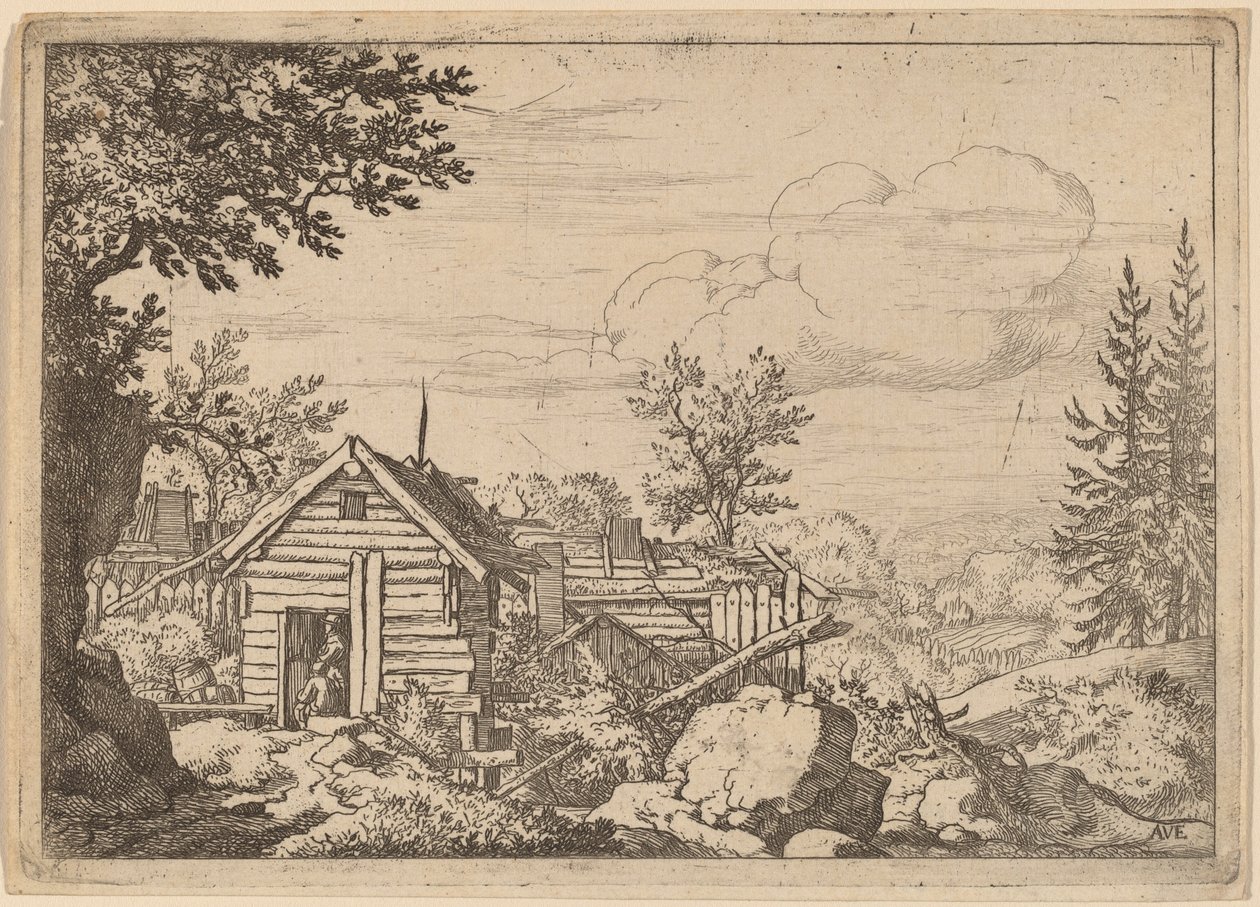 Bir Kulübenin Kapısında İki Adam, muhtemelen c. 16451656. by Allart van Everdingen