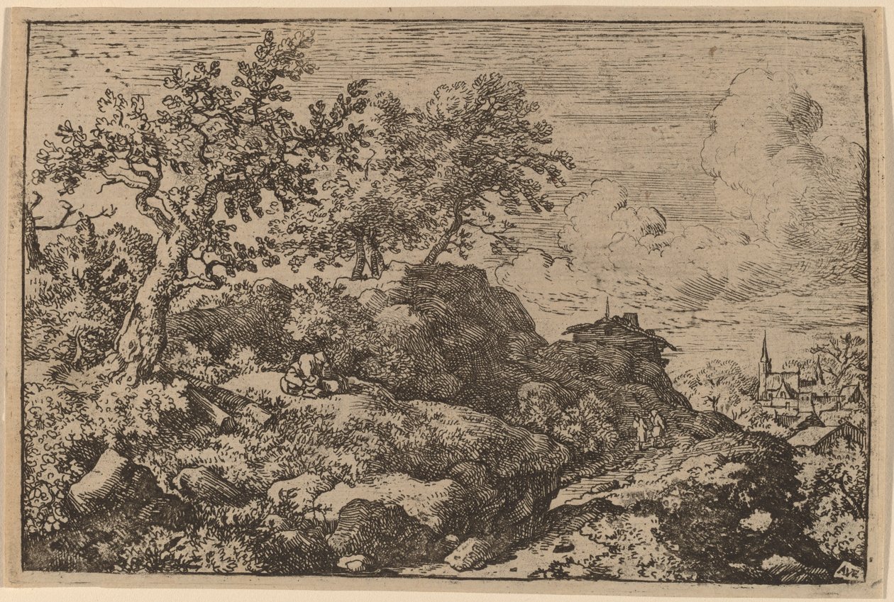 Bir Tepede Oturan İki Köylü, muhtemelen c. 16451656. by Allart van Everdingen