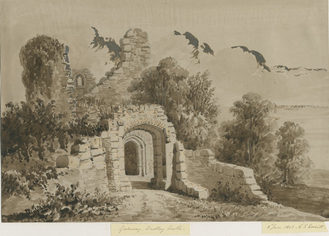 Dudley Kalesi - Ağ Geçidi: kırmızı-sepya yıkama çizimi, 8 Haz 1843 by Allen Edward Everitt
