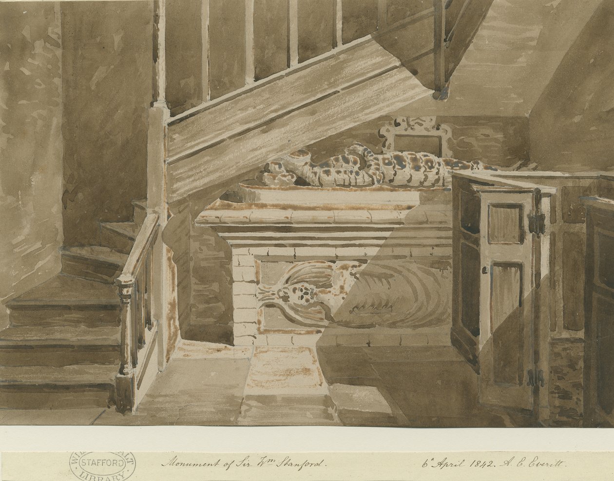 Handsworth - Sir William Stanford Anıtı: sepya çizimi, 6 Nisan 1842 by Allen Edward Everitt