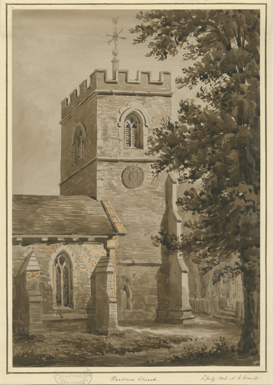 Harborne Kilisesi: kırmızı sepya çizimi, 2 Temmuz 1842 by Allen Edward Everitt