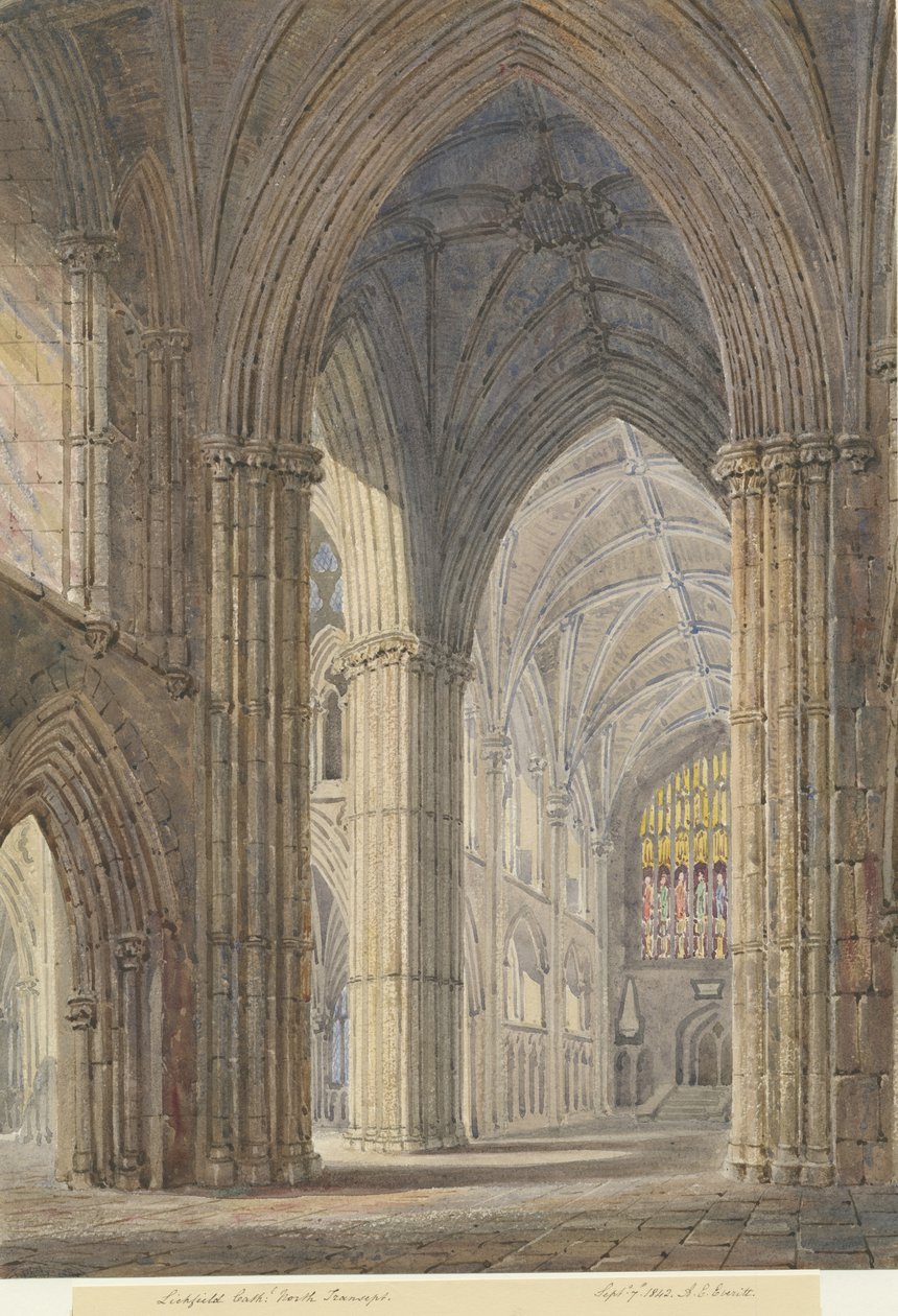 Lichfield Katedrali'nin içi - Kuzey Transept: sulu boya boyama, 7 Eylül 1842 by Allen Edward Everitt