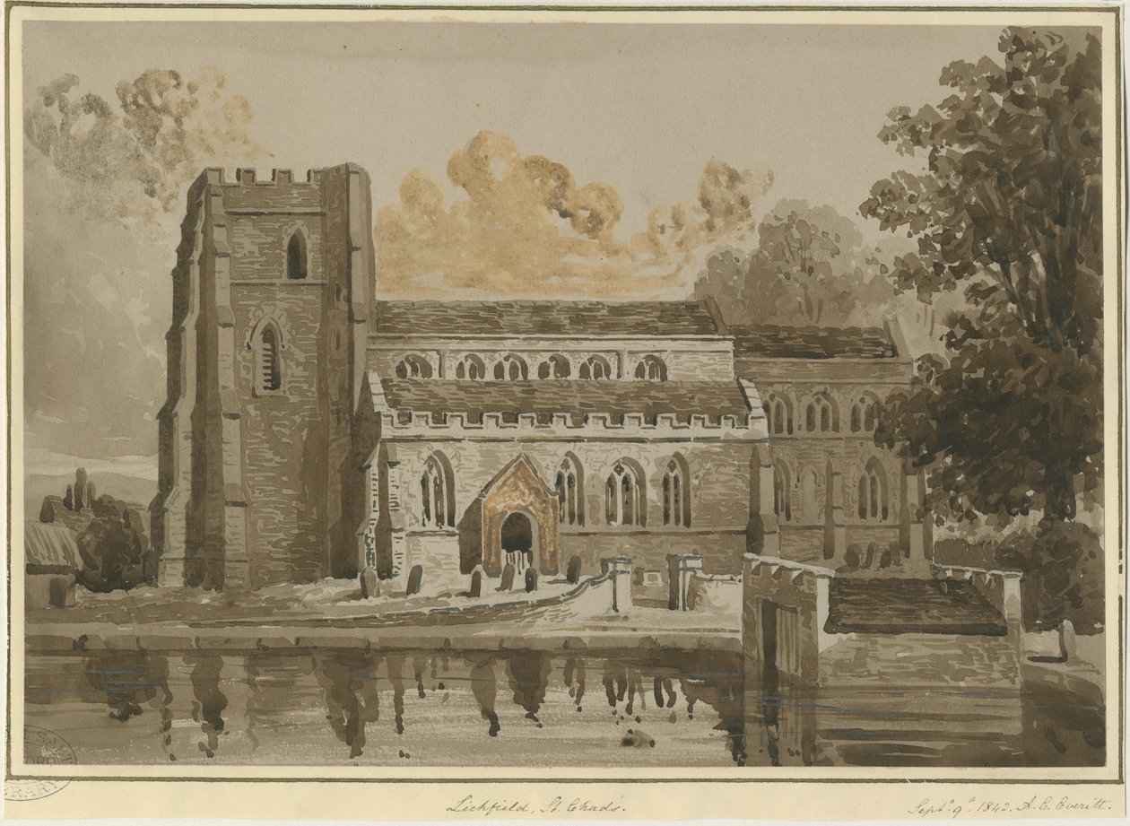 Lichfield - Aziz Çad Kilisesi: kırmızı sepya çizimi, 9 Eylül 1842 (çizim) by Allen Edward Everitt