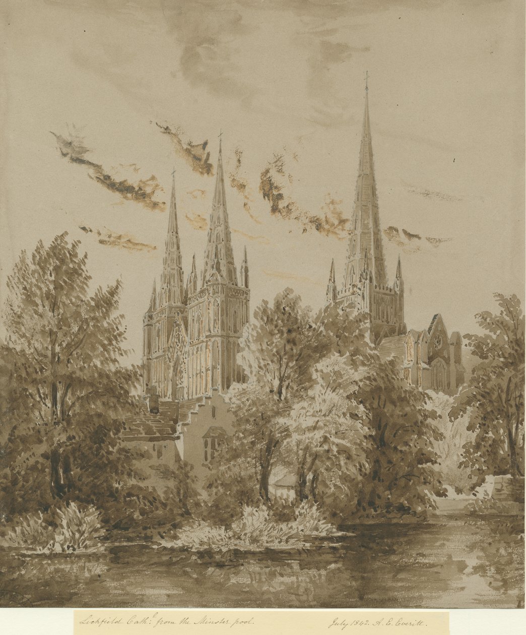 Lichfield Katedrali - Güney Batı Görünümü: sepya çizimi, Temmuz 1842 by Allen Edward Everitt