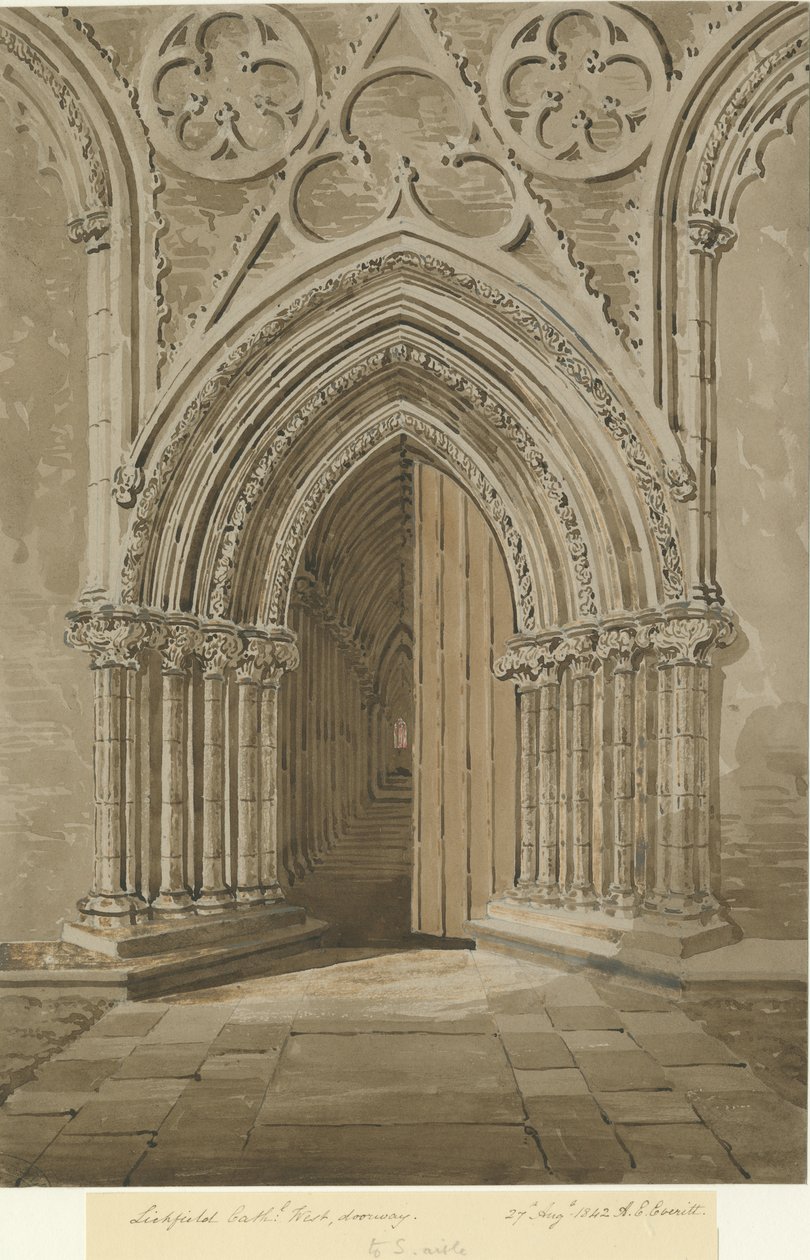 Lichfield Katedrali - Batı Kapısı: kırmızı/kahverengi sepya çizimi, 27 Ağu 1842 by Allen Edward Everitt