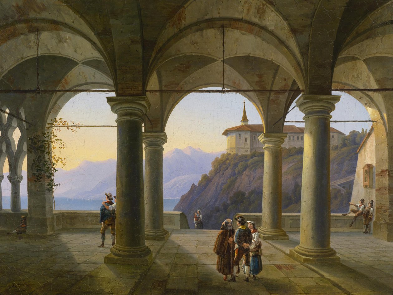 Figürlü personel ve dağ gölü manzaralı sütun terası by Alois Gustav Schulz