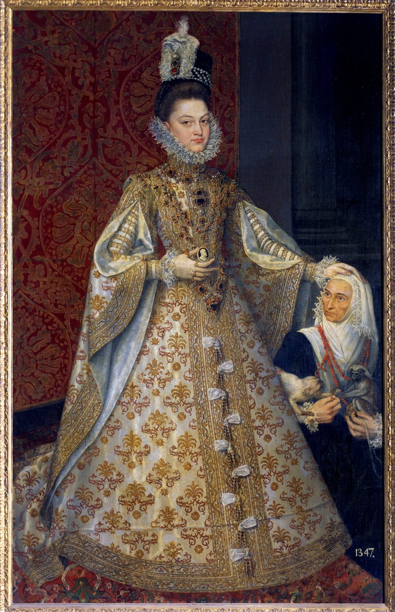 İspanya'nın Infante'sinin ayaklarındaki portre Habsburg'lu Isabelle Clara Eugenie, Hollanda ve Magdalena Ruiz'in hükümdarı Alonso Sanchez Coello (1531-1588) Sun. 1,29 X 2,07 m. 1585. Madrid. Musee du Prado - Bebeğin tam boy portresi by Alonso Sánchez Coello