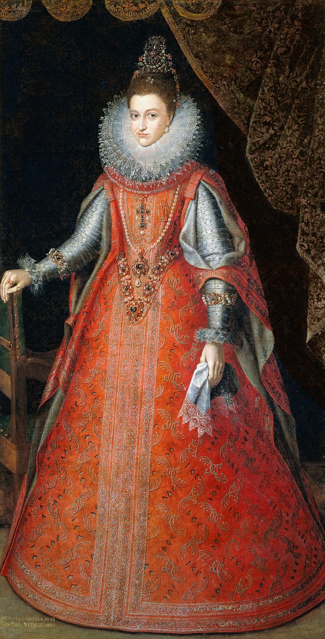 Brokar bir elbiseyle boydan boya ayakta duran İnfanta Isabella Eugenia