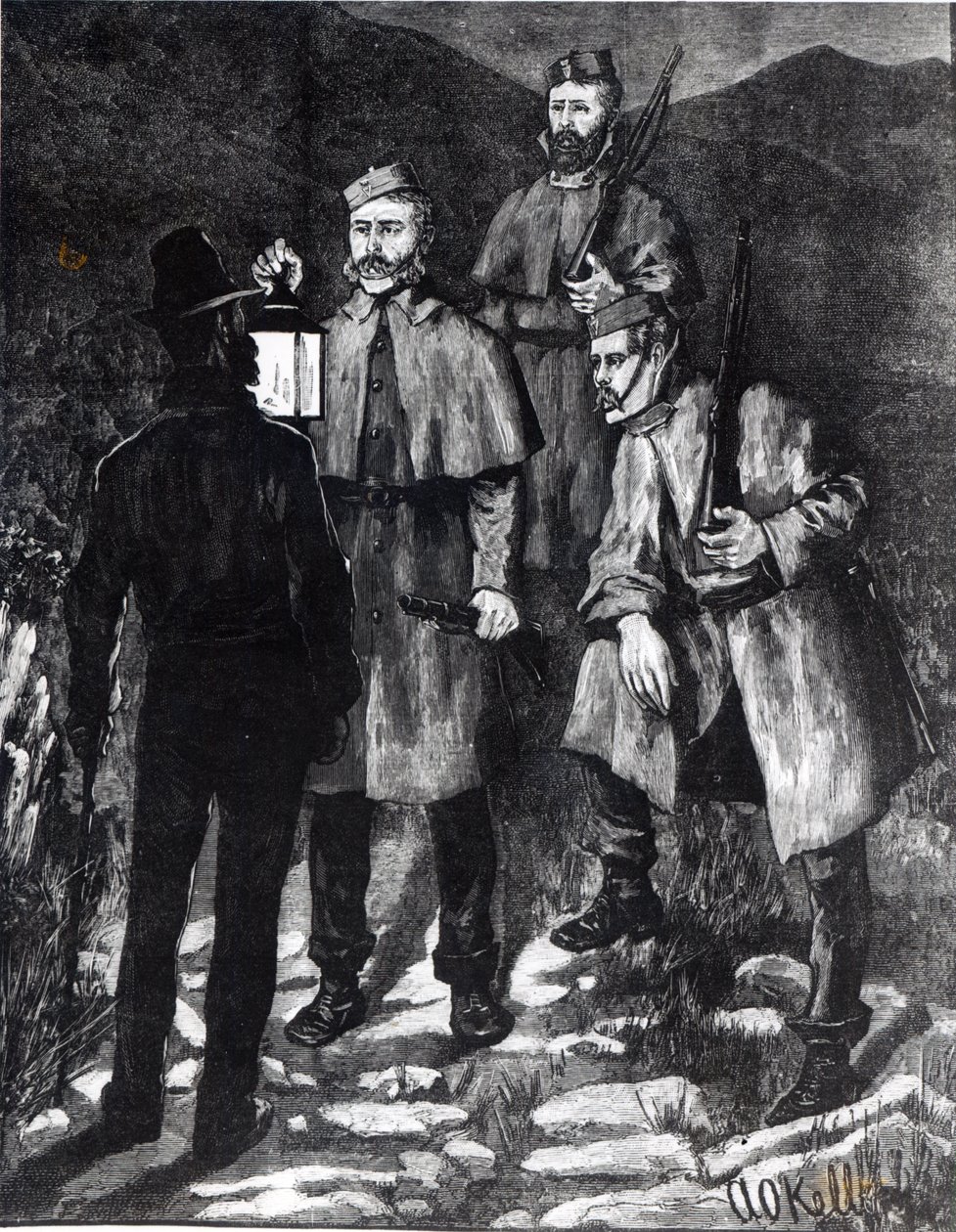 İrlanda Eyaleti: Polis devriyesi şüpheli bir kişiye meydan okuyor, 'The Illustrated London News', c.1880 by Aloysius C. O