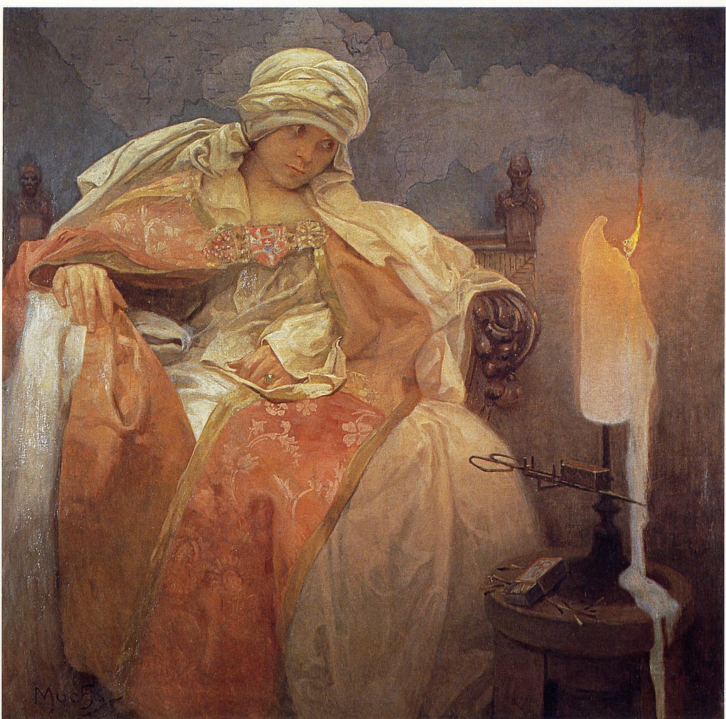 yanan bir mum olan kadın by Alphonse Mucha