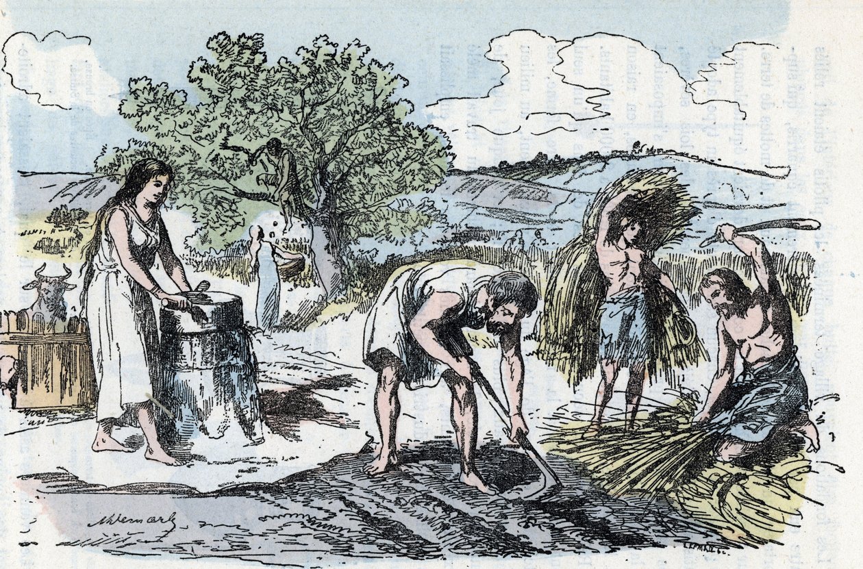 Tarihöncesinde günlük yaşam: demir çağında tarım işçiliği sahnesi Rengade'nin "" La nature et l'homme" adlı gravürü 1881 Özel koleksiyon by Alphonse Demarle