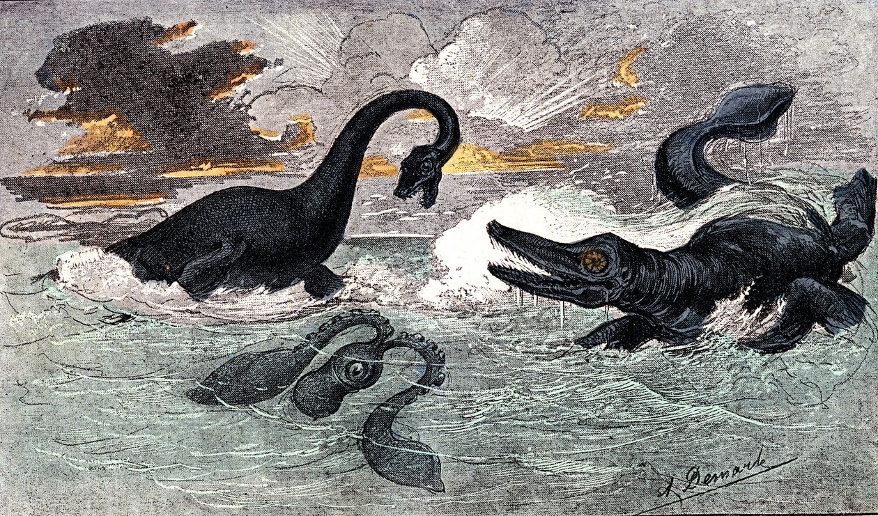 Lias Dönemi (Alt Jura): Plesiosaur ve Ichtyosaur, doğal yaratılış ve canlılar (Jules Rengade tarafından) Çizim A. Demarle. 1885 by Alphonse Demarle