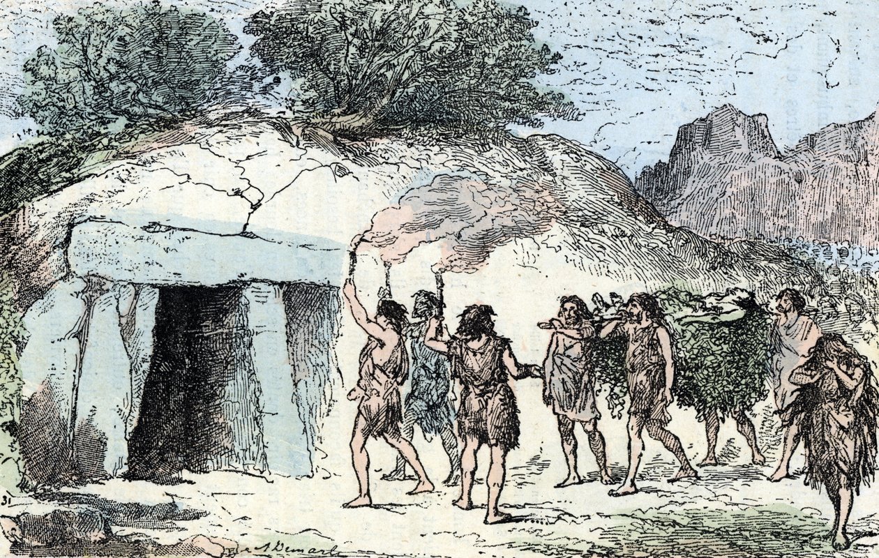 Prehistoire, neolitik; seremoni funebre (Tarihöncesi, neolitik: cenaze töreni) Rengade'nin "" Nature and Man"" adlı eserinden gravür 1881 Özel koleksiyon by Alphonse Demarle