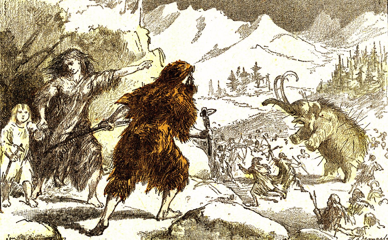 Tarih öncesi mamut avı. Buz Devri: Doğal Yaratılış ve Canlılar. A. Demarle tarafından çizim. 1885 by Alphonse Demarle