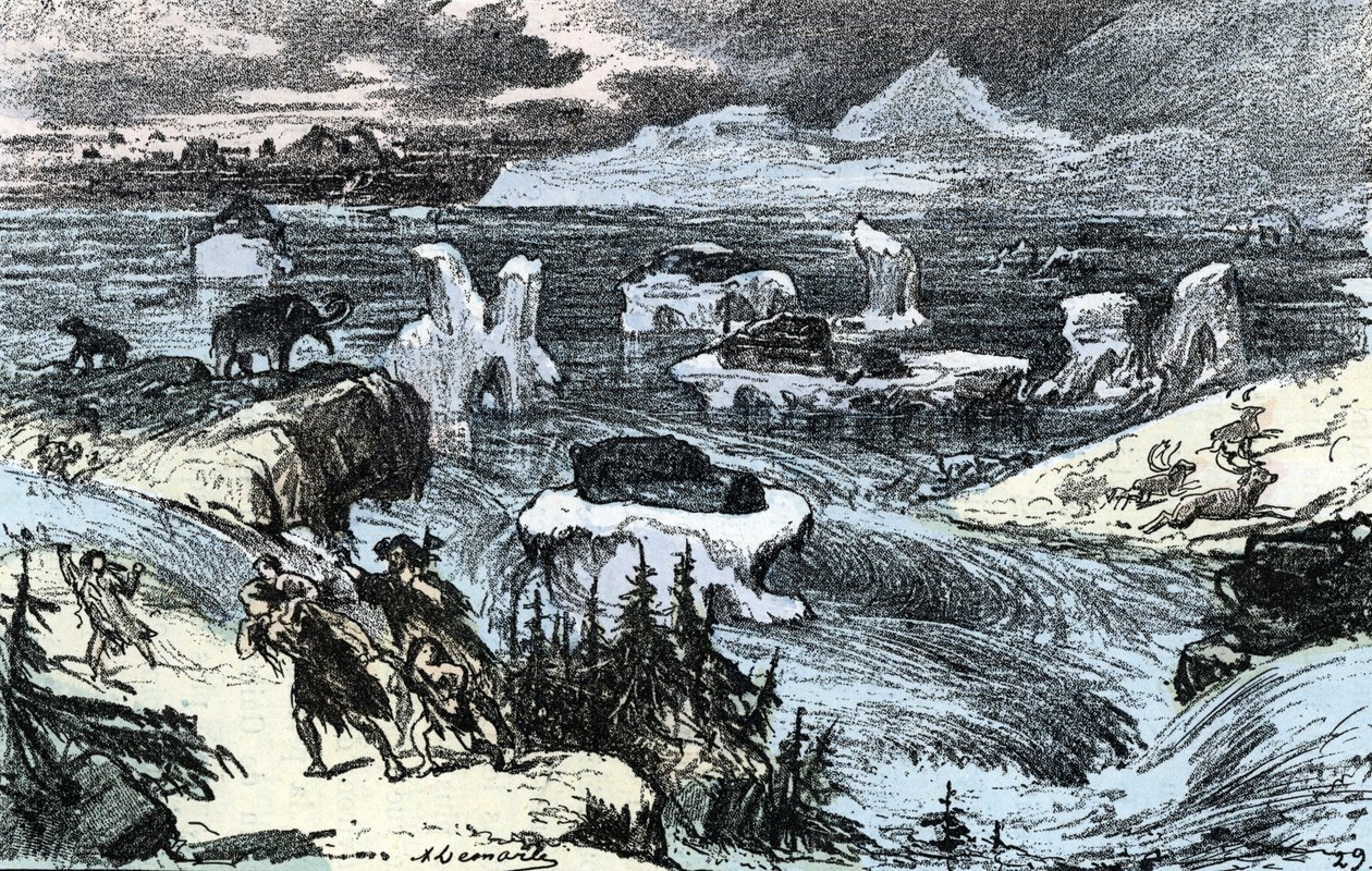 tarih öncesi; Buz Devri'nin sonunda Orta Avrupa'da sel baskını Rengade 1881 Özel Koleksiyonu “” Nature and Man”den gravür by Alphonse Demarle