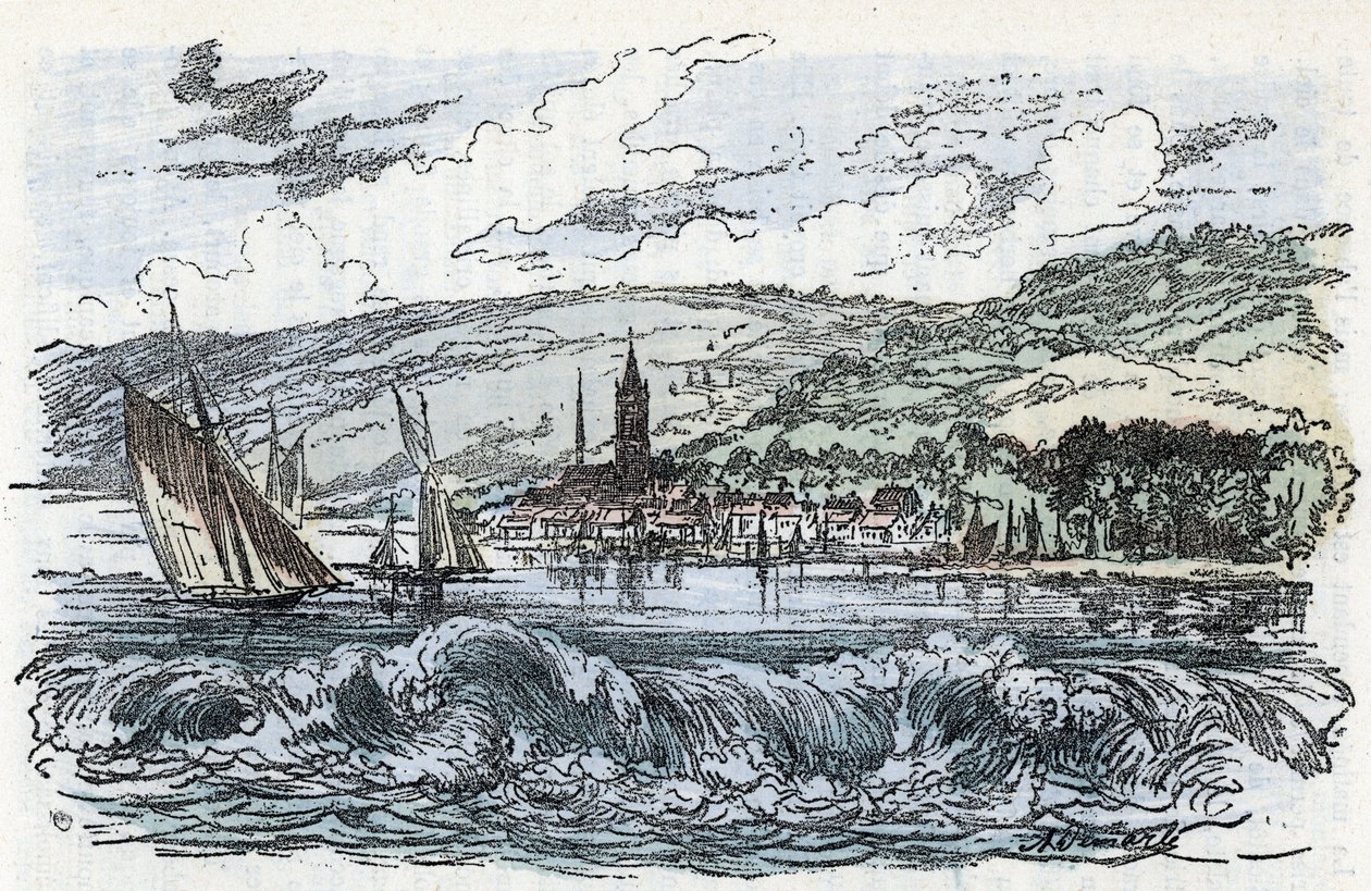 Seine Maritime, Normandiya'daki Caudebec-en-Caux'ta (Caudebec en Caux) Seine'nin gelgit deliğinin görünümü (Seine nehrinin Caudebec en Caux'daki gelgit deliği, Normandiya) "" La nature et l'homme'den gravür ”” Rengade 1881 by Alphonse Demarle