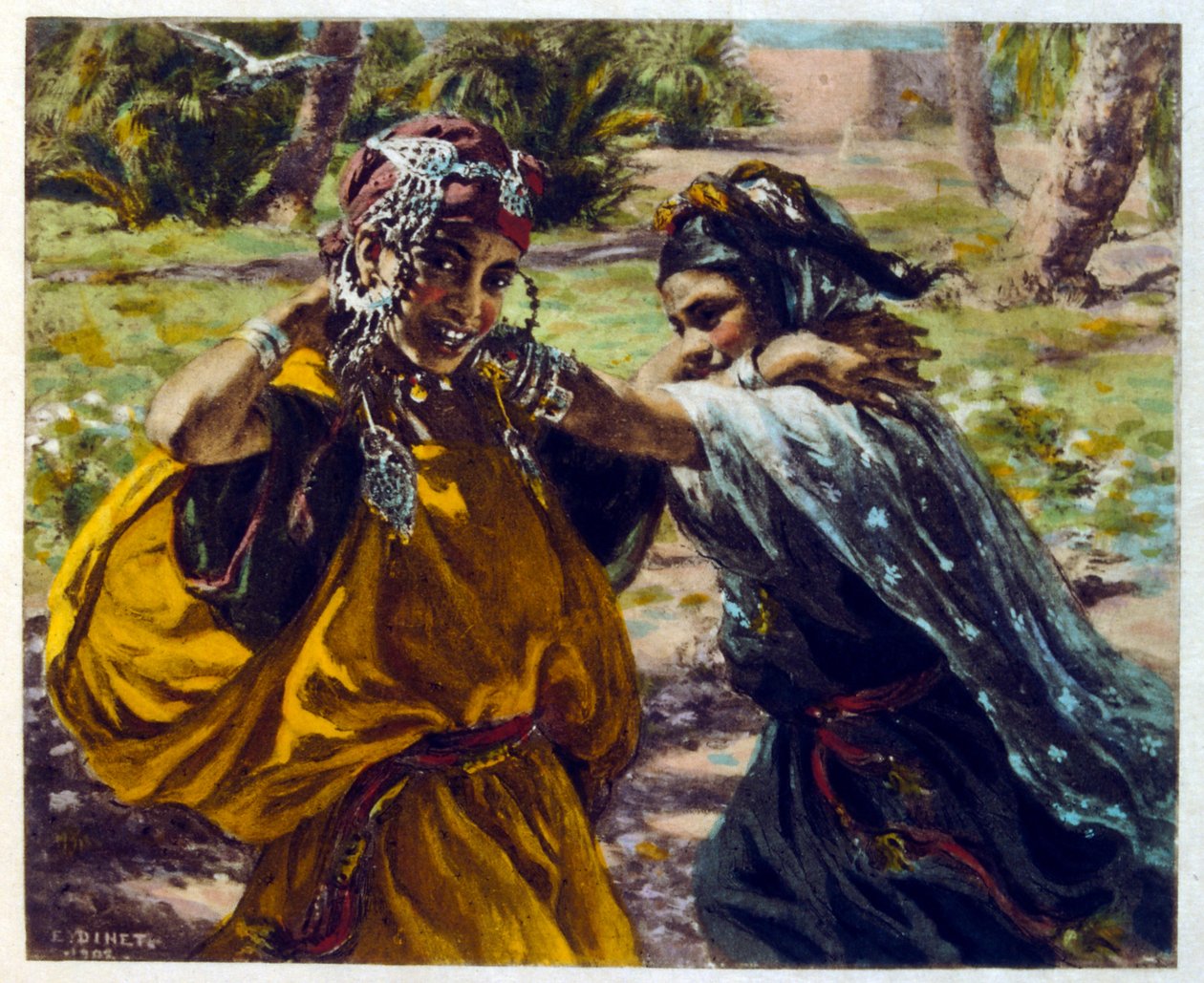 Arap yaşamının 'Serap' Sahnelerinden Dinet'in illüstrasyonu. 1906. Seraplar, Scénes De La Vie Arab, Etienne Dinet tarafından Silman Ben Ibrahim Bamer'in yorumuyla resimlendi. Nasreddine Dinet, Alphonse-Étienne Dinet olarak doğdu; (1861-1929 by Alphonse Etienne Dinet