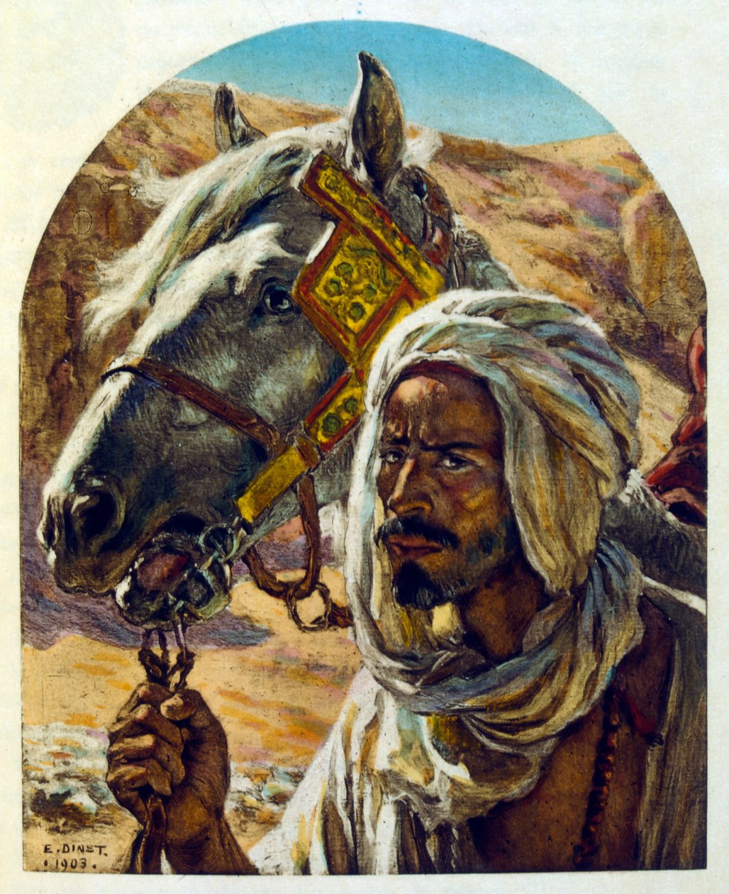 Arap yaşamının 'Serap' Sahnelerinden Dinet'in illüstrasyonu. 1906. Seraplar, Scénes De La Vie Arab, Etienne Dinet tarafından Silman Ben Ibrahim Bamer'in yorumuyla resimlendi. Nasreddine Dinet, Alphonse-Étienne Dinet olarak doğdu; (1861-1929 by Alphonse Etienne Dinet