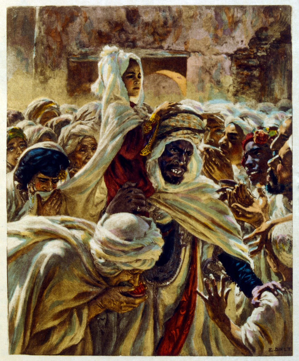 Arap yaşamının 'Serap' Sahnelerinden Dinet'in illüstrasyonu. 1906. Seraplar, Scénes De La Vie Arab, Etienne Dinet tarafından, Silman Ben Ibrahim Bamer'in yorumuyla resimlendi. Nasreddine Dinet, Alphonse-Étienne Dinet olarak doğdu; (1861-192 by Alphonse Etienne Dinet