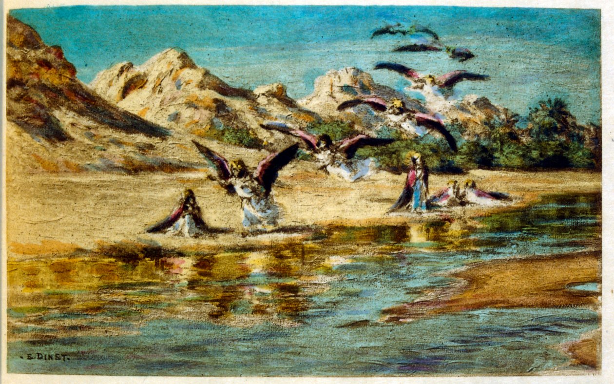 Arap yaşamının 'Serap' Sahnelerinden Dinet'in illüstrasyonu. 1906. Seraplar, Scénes De La Vie Arab, Etienne Dinet tarafından, Silman Ben Ibrahim Bamer'in yorumuyla resimlendi. Nasreddine Dinet, Alphonse-Étienne Dinet olarak doğdu; (1861-192 by Alphonse Etienne Dinet