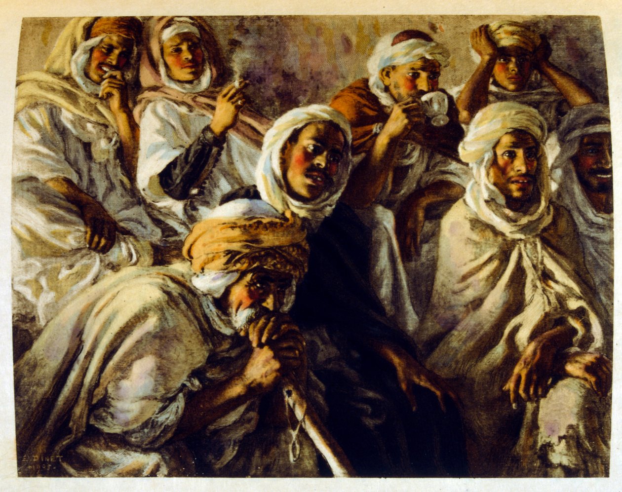 Arap yaşamının 'Serap' Sahnelerinden Dinet'in illüstrasyonu. 1906. Seraplar, Scénes De La Vie Arab, Etienne Dinet tarafından, Silman Ben Ibrahim Bamer'in yorumuyla resimlendi. Nasreddine Dinet, Alphonse-Étienne Dinet olarak doğdu; (1861-192 by Alphonse Etienne Dinet