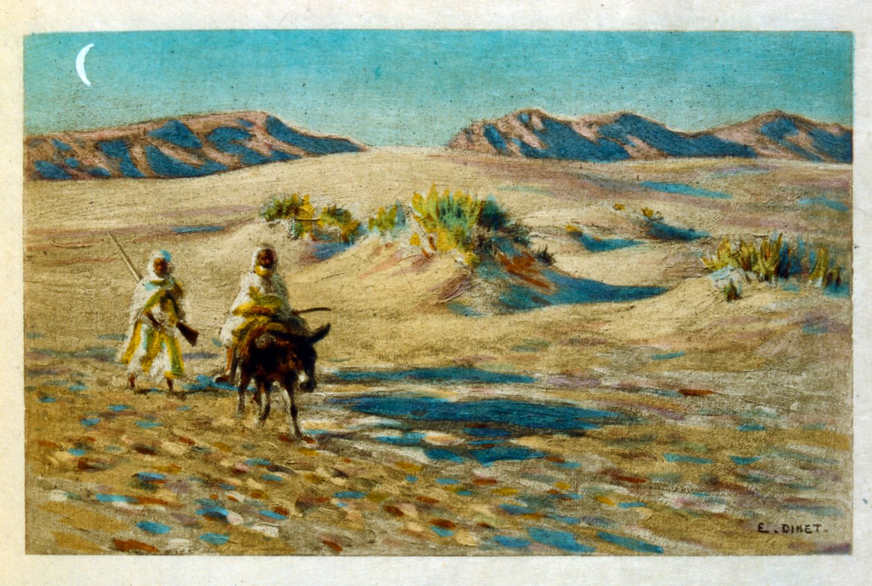 Arap yaşamının 'Serap' Sahnelerinden Dinet'in illüstrasyonu. 1906. Seraplar, Scénes De La Vie Arab, Etienne Dinet tarafından, Silman Ben Ibrahim Bamer'in yorumuyla resimlendi. Nasreddine Dinet, Alphonse-Étienne Dinet olarak doğdu; (1861-192 by Alphonse Etienne Dinet
