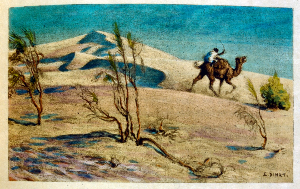 Arap yaşamının 'Serap' Sahnelerinden Dinet'in illüstrasyonu. 1906. Seraplar, Scénes De La Vie Arab, Etienne Dinet tarafından, Silman Ben Ibrahim Bamer'in yorumuyla resimlendi. Nasreddine Dinet, Alphonse-Étienne Dinet olarak doğdu; (1861-192 by Alphonse Etienne Dinet