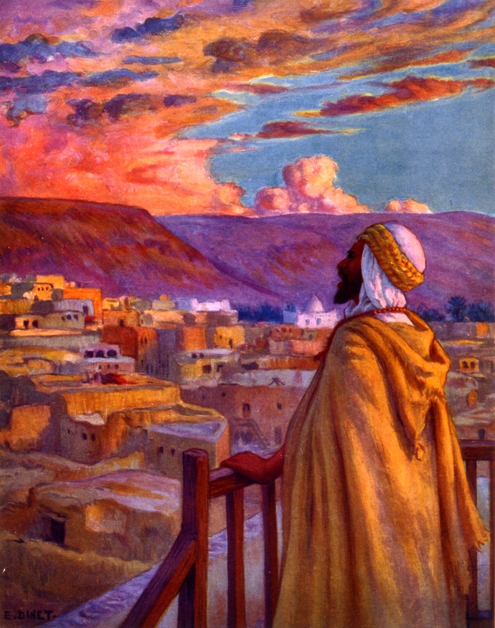 Çölde bir köyde müezzin müminleri namaza çağırıyor. Nasreddine Dinet (Alphonse-Étienne Dinet) tarafından. 1861 – 1929. Fransız oryantalist ressam 1918 by Alphonse Etienne Dinet