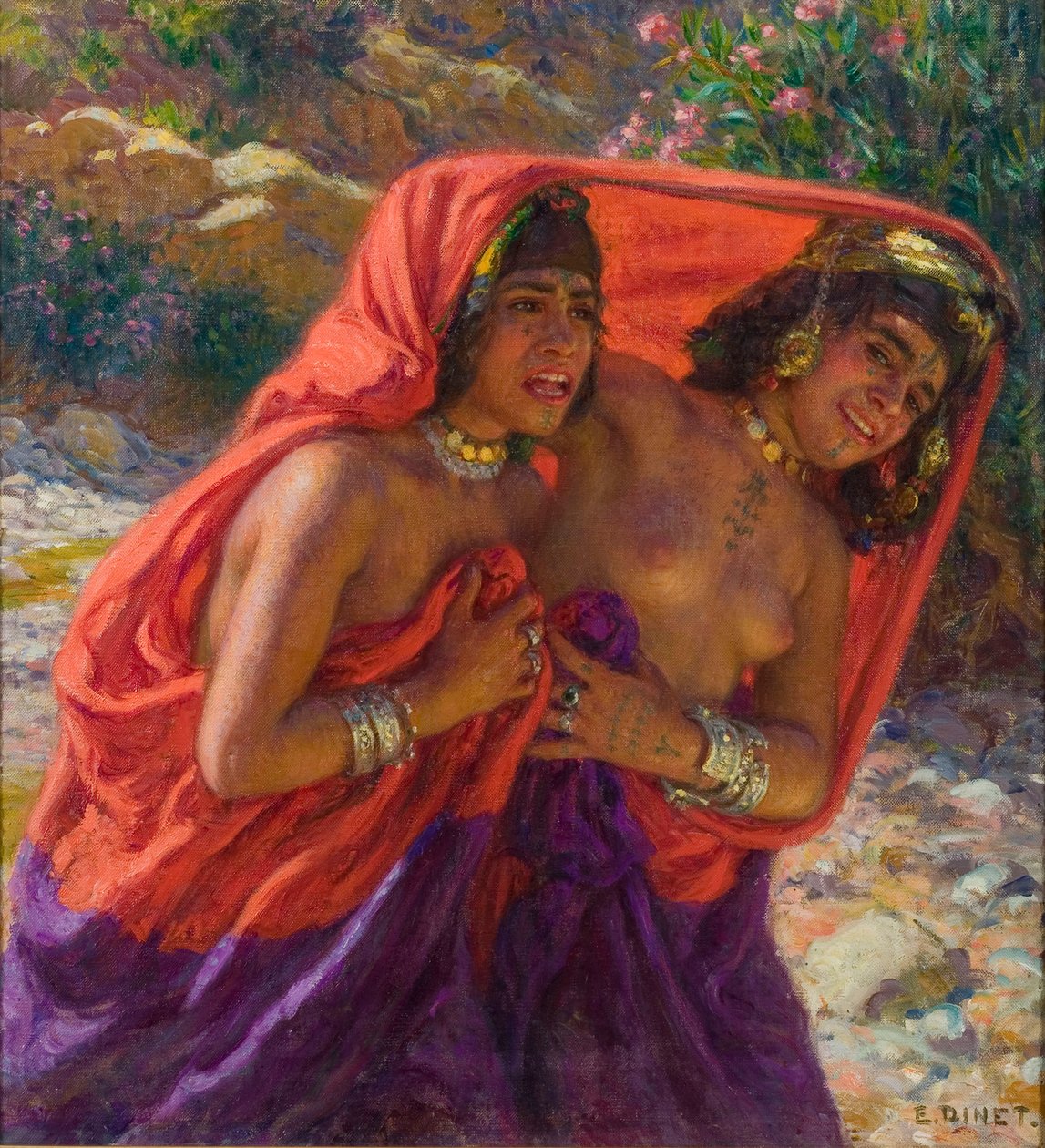 Korkmuş Yıkananlar; Yıkananların Uçuşu (tuval üzerine yağlı boya) by Alphonse Etienne Dinet