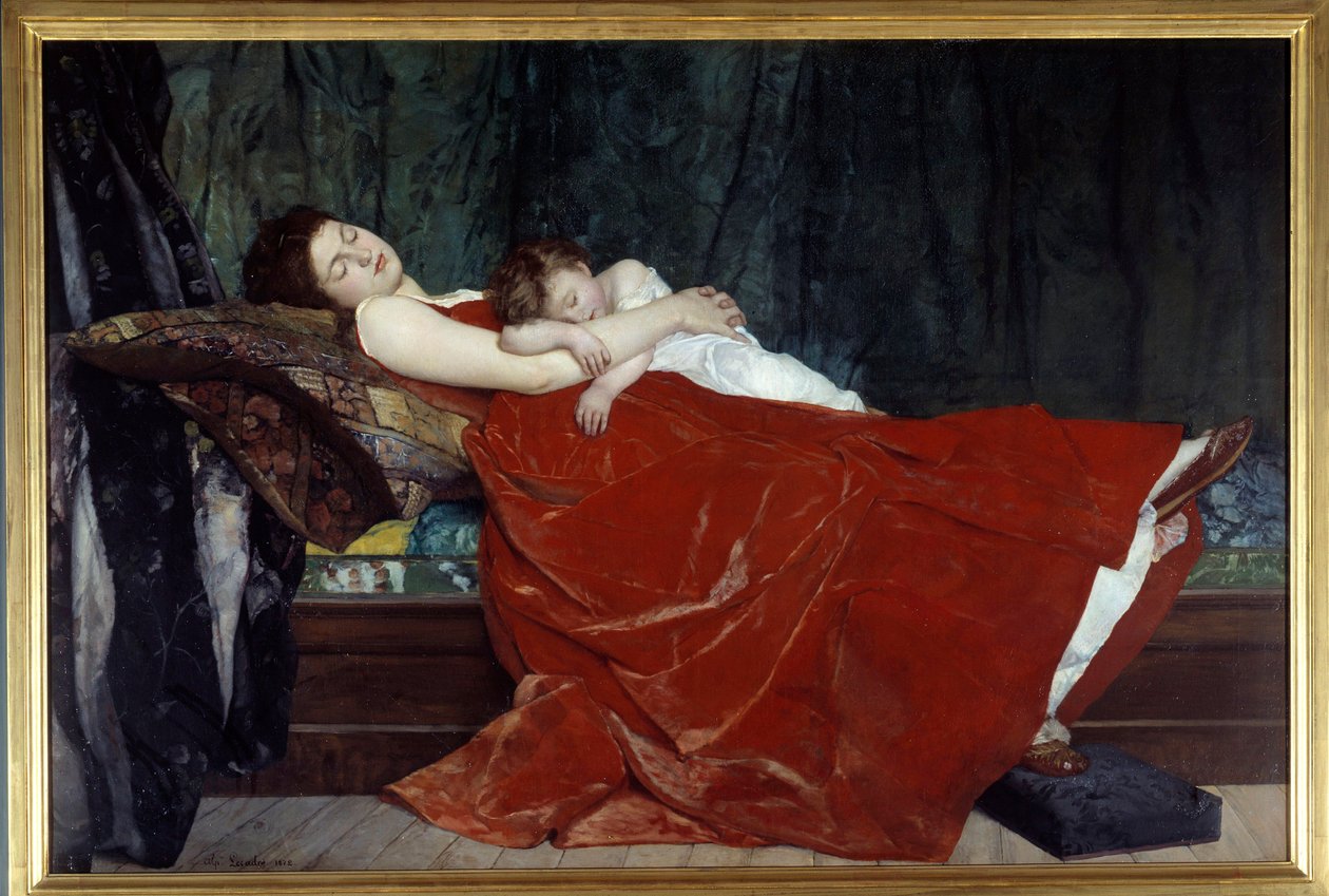Uyuyan kadın ve uyuyan çocuk. Alphonse Lecadre (1842-1875) 1872 Nantes tarafından yapılan resim, Musee des Beaux Arts by Alphonse Eugene Felix Lecadre