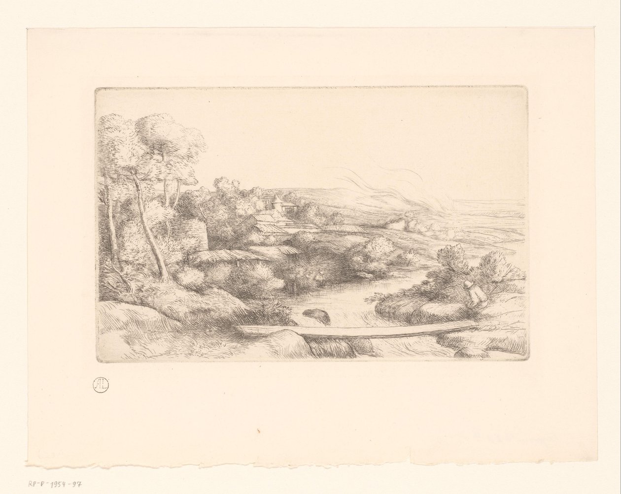 Bir nehir üzerinde tahta ile manzara la passerelle by Alphonse Legros (attributed to)