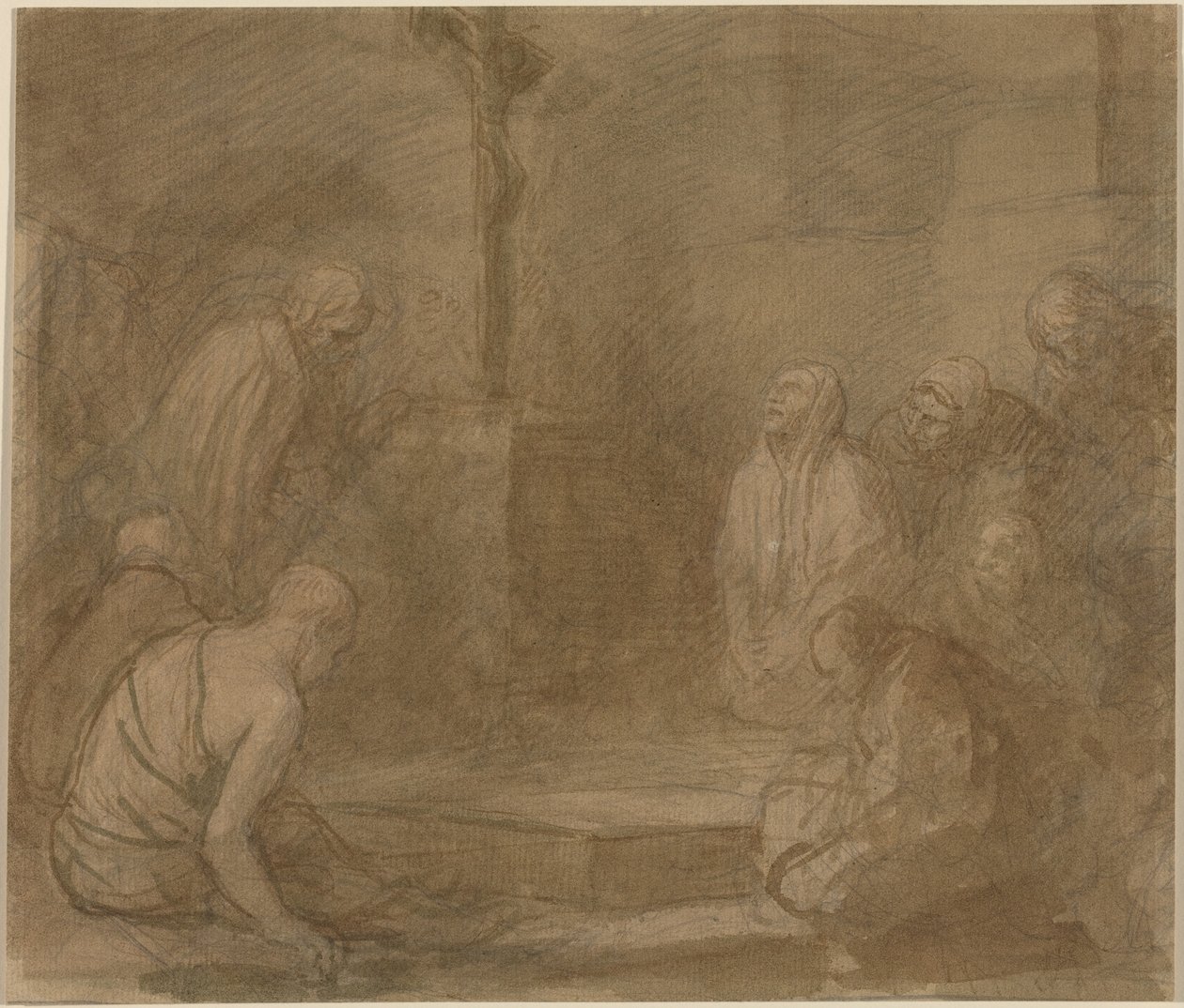 Çarmıhın Dibinde (serilmiş kağıt üzerine grafit üzerine kahverengi yıkama ile kalem ve kahverengi mürekkep) by Alphonse Legros