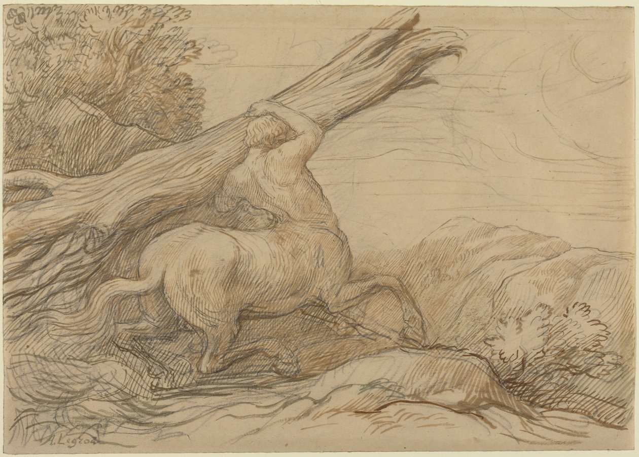 Ağaç Gövdesi Taşıyan Centaur (grafit üzerine kahverengi ve yeşil mürekkep) by Alphonse Legros