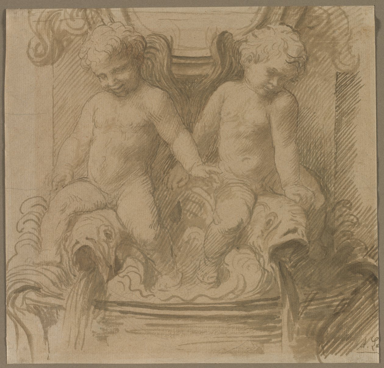 Putti Binme Yunusları ile Çeşme by Alphonse Legros