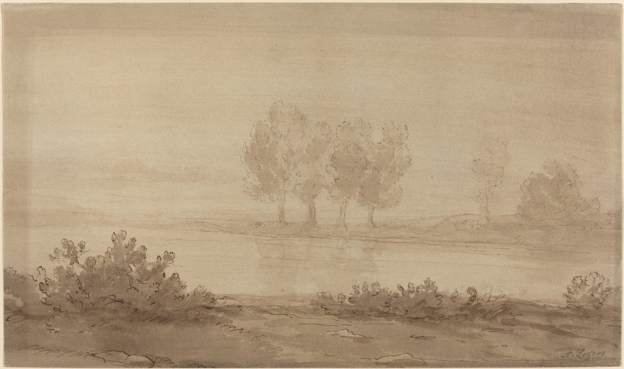 Manzara - Bir Nehrin Ötesinde Dört Ağaç. by Alphonse Legros