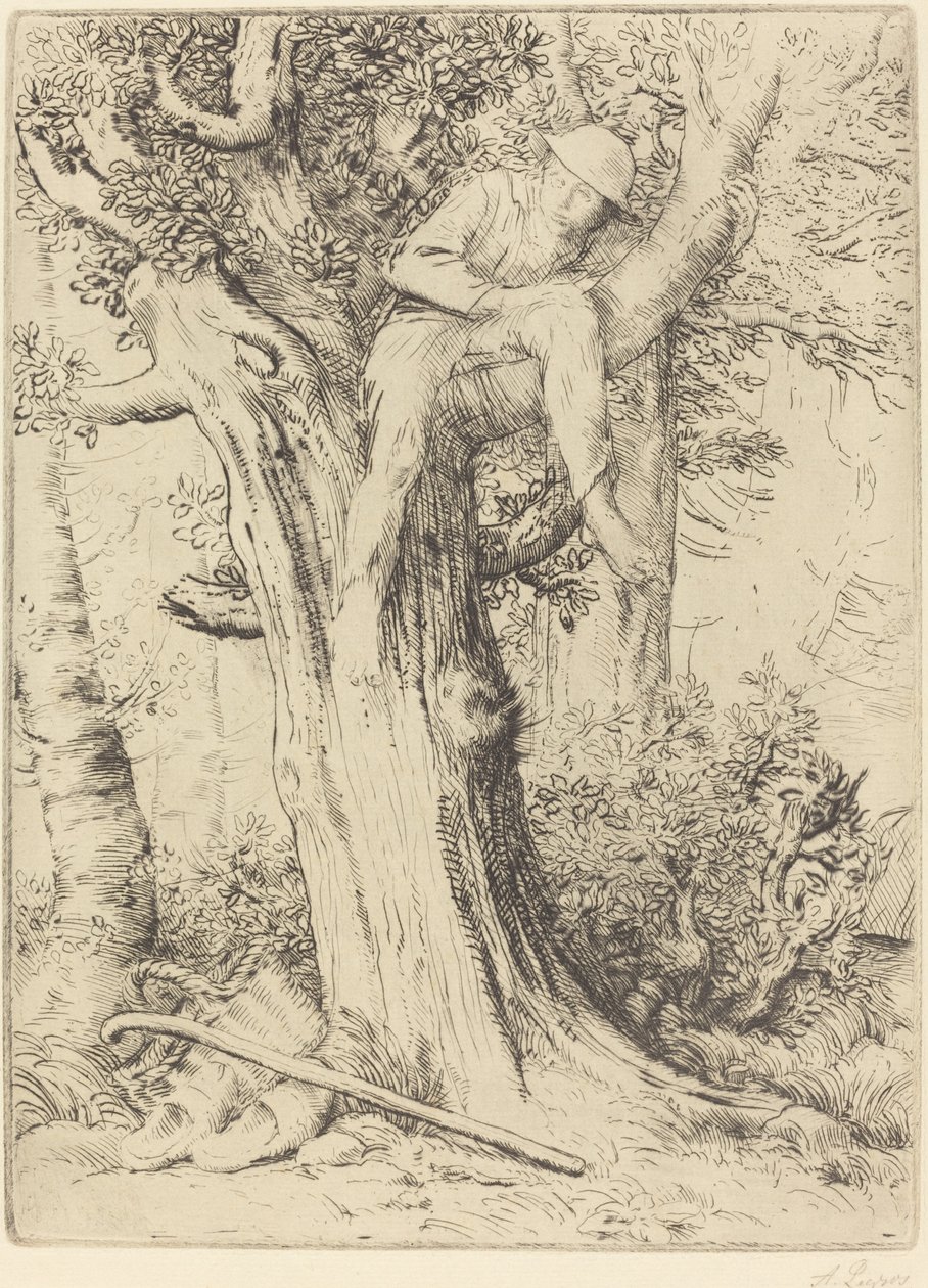 Ağaçta Bir Çocukla Manzara by Alphonse Legros