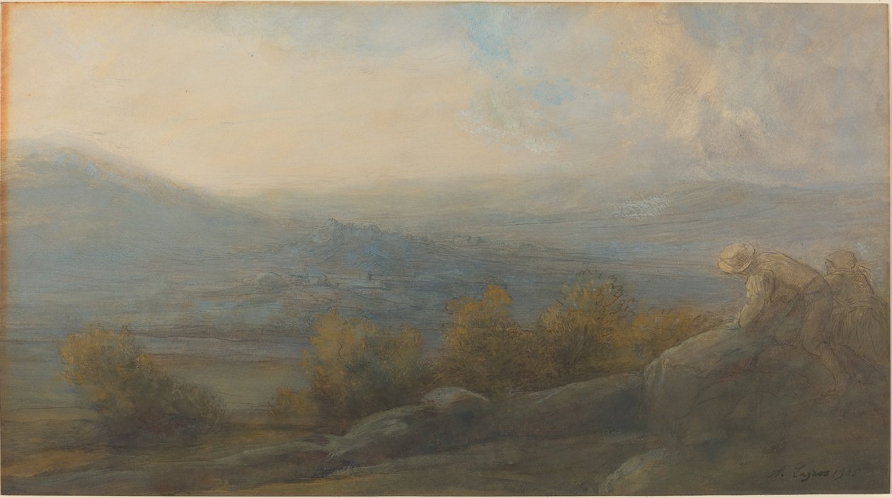 Sağda İki Figürlü Dağ Manzarası by Alphonse Legros