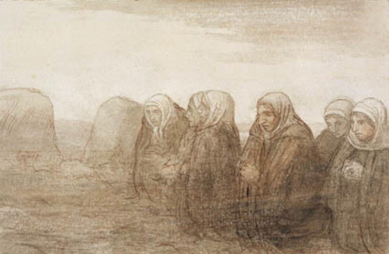 Bir sonbahar tarlasında dua eden altı köylü karısı by Alphonse Legros
