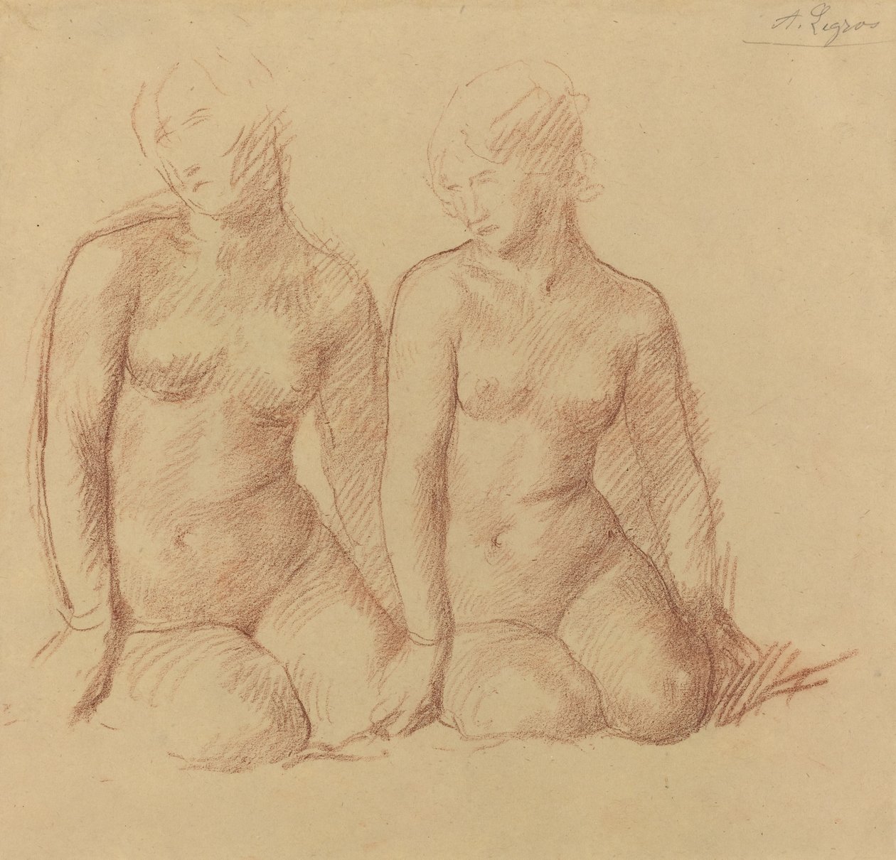 Yan Yana Oturan İki Figürün İncelenmesi by Alphonse Legros