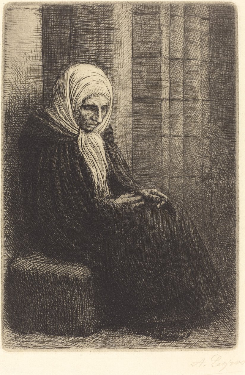 Duvara Karşı Oturan Kadın, Başı Kucağında Çocuk by Alphonse Legros