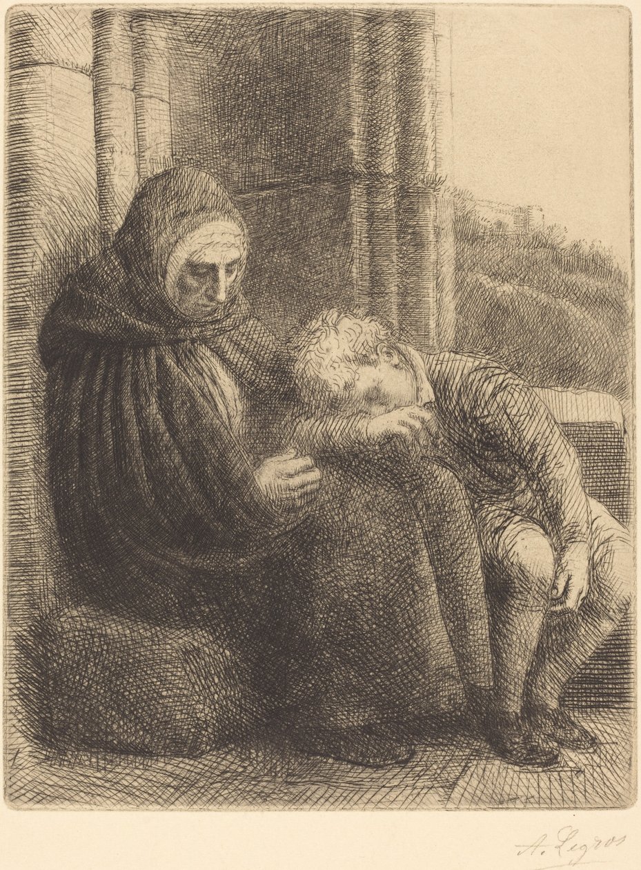 Duvara Karşı Oturan Kadın, Başı Kucağında Çocuk Femme assise, muraille.... by Alphonse Legros