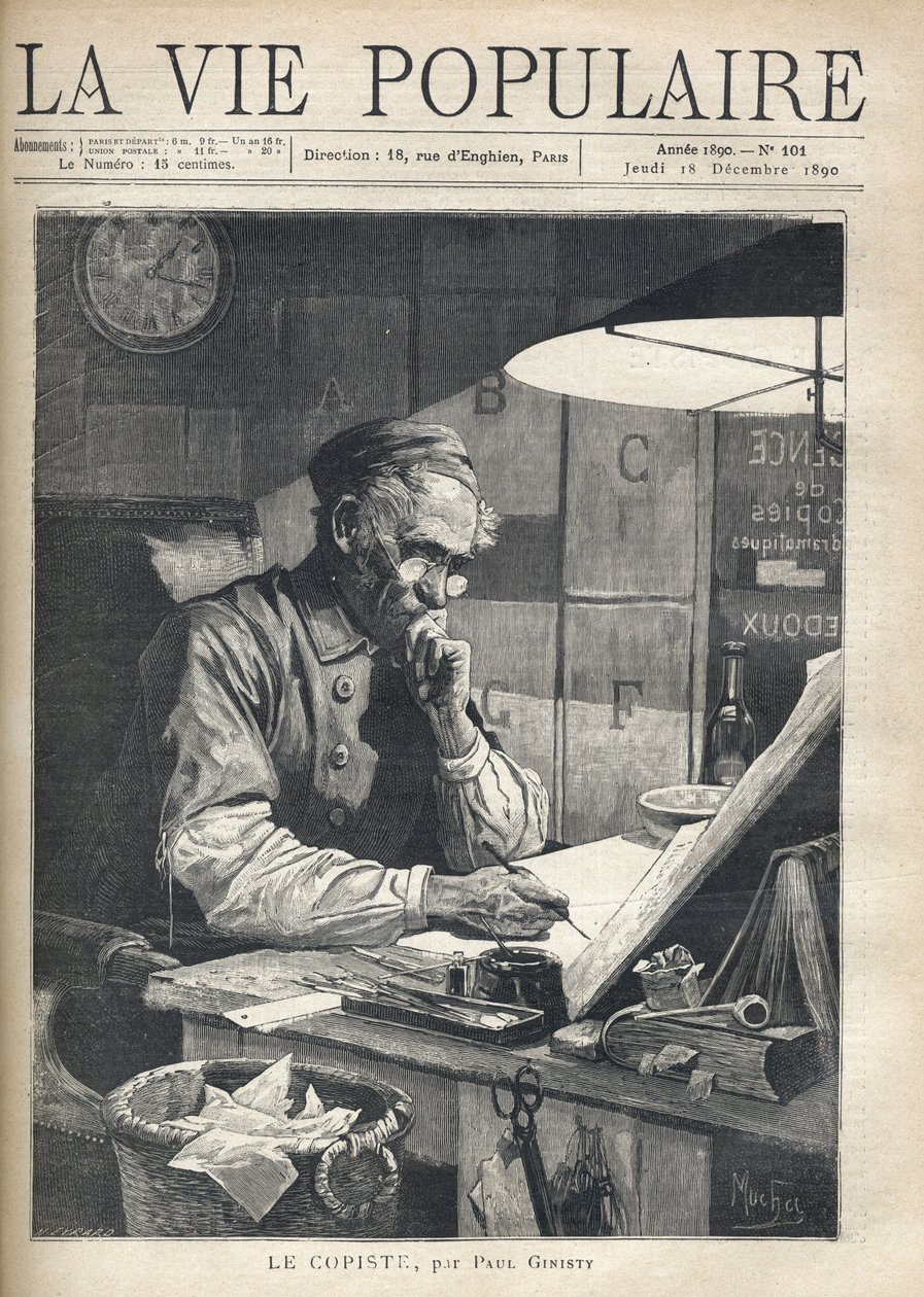 Ofisinde çalışan konsantre bir kopyacı. Alfons Maria Mucha